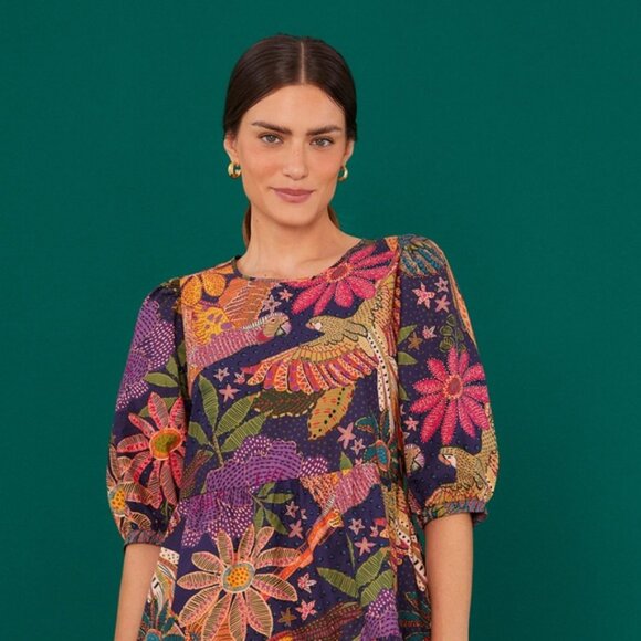 FARM RIO Navy Blue Cool Macaw Tiered Organic Cotton Mini Dress XL - Picture 2 of 6